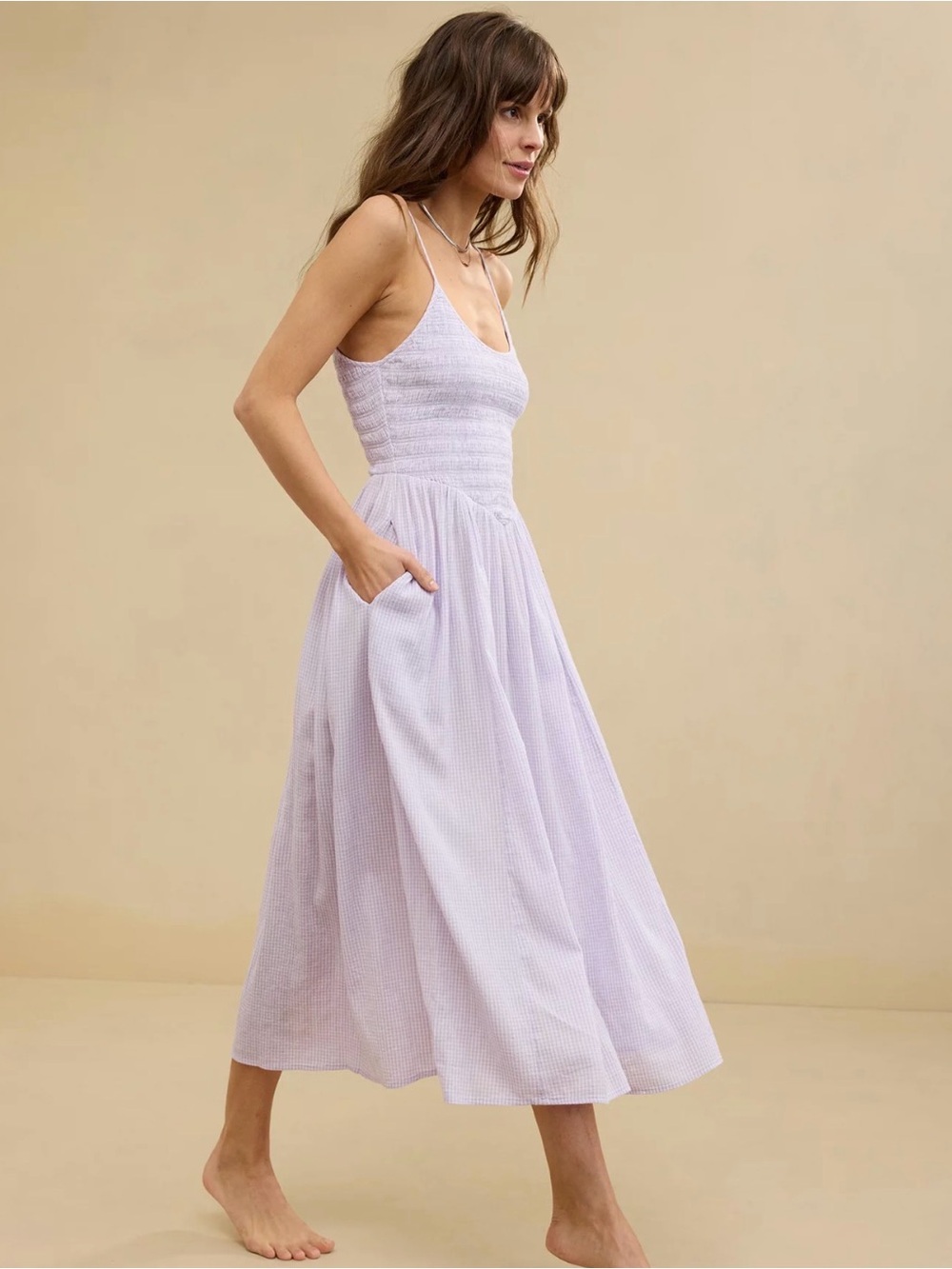 aerie Lavender Gingham Midi Dress with Adjustable Straps